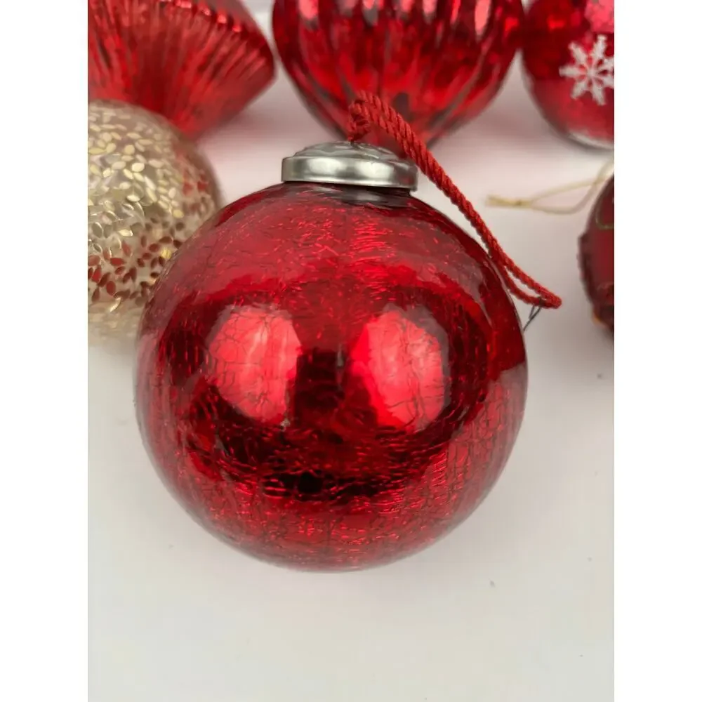 VTG Lot of 6 Glitter Glass Ornaments Round‎ Sphere Red Gold Heavy Tree Decor